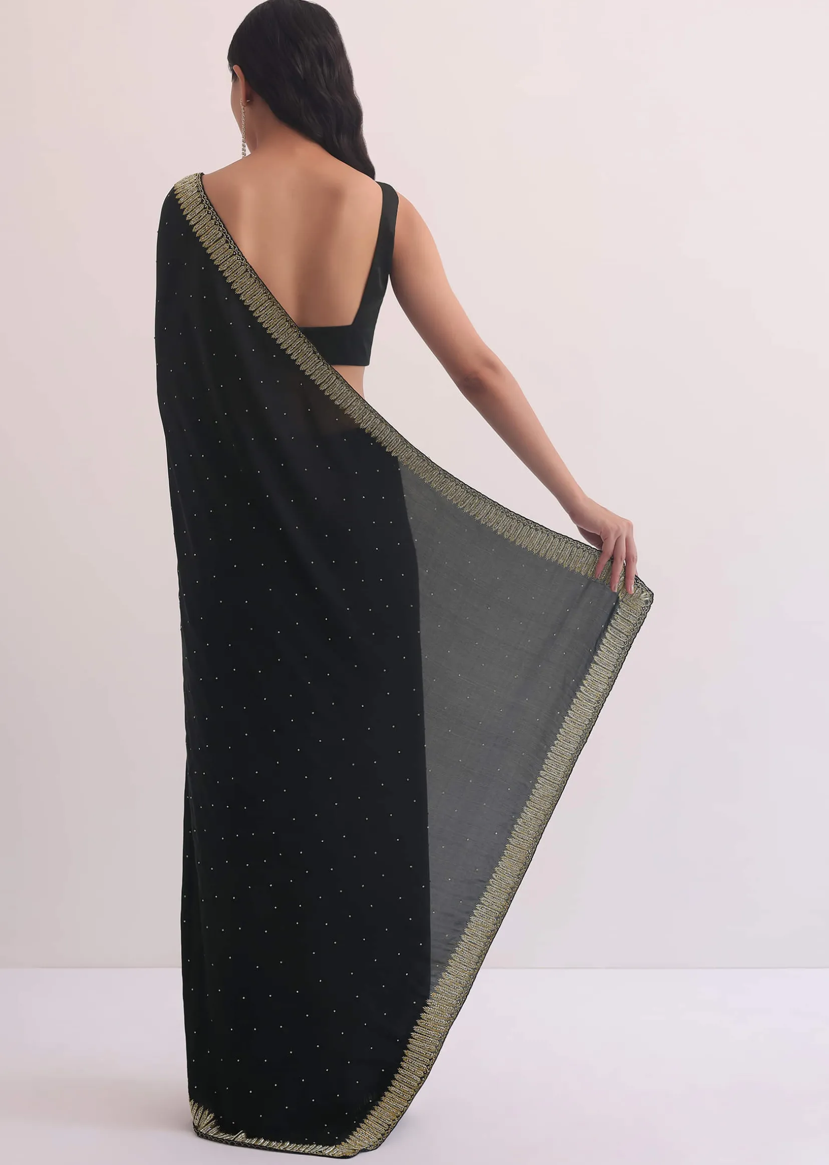 Black Satin Saree With Stone Studded Border
