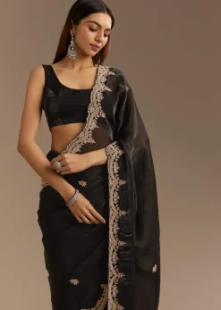 Black Satin Saree With Zardosi Sequins And Scallop Border