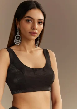 Black Satin Saree With Zardosi Sequins And Scallop Border
