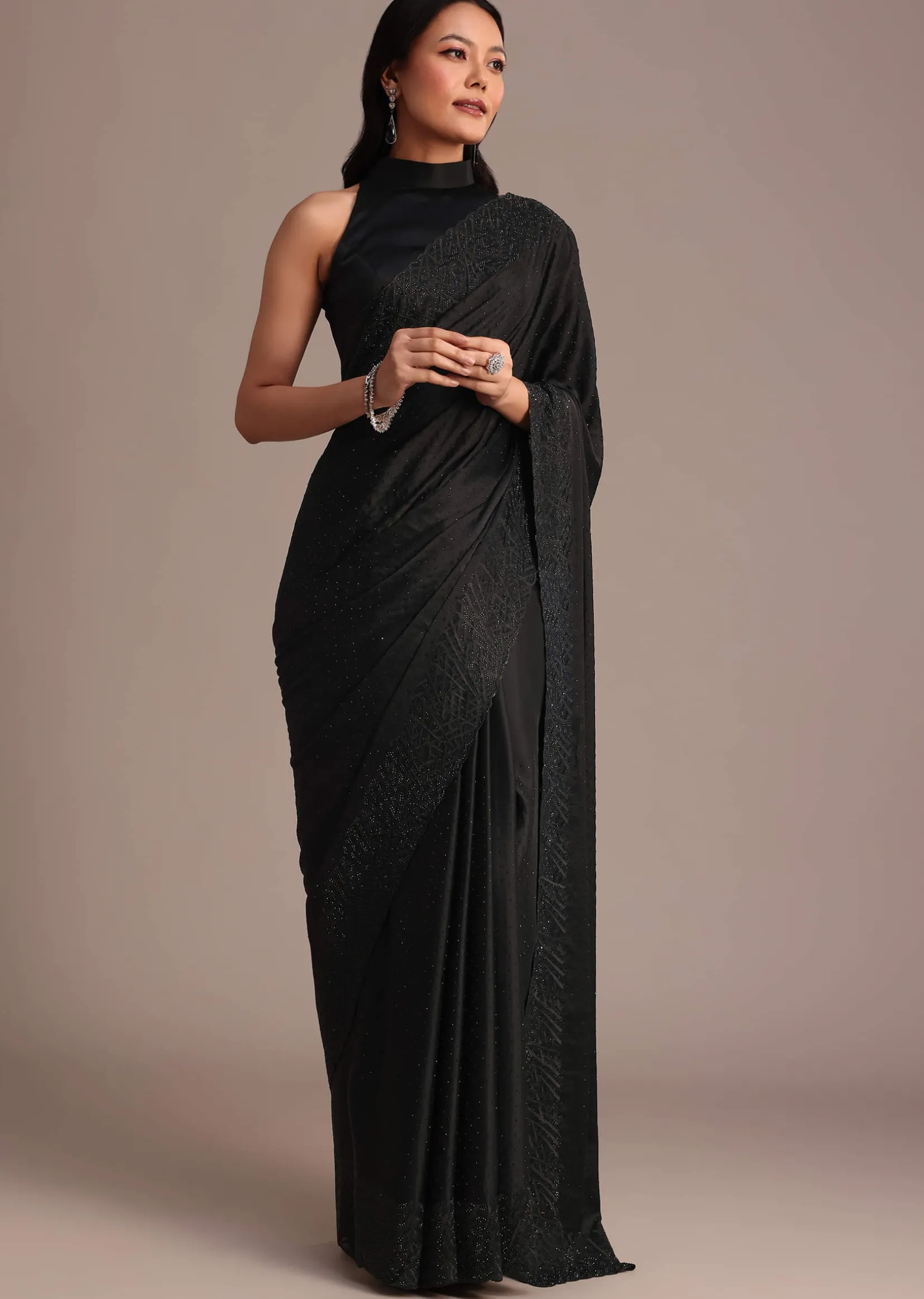 Black Satin Stone And Diamond Embroidered Saree