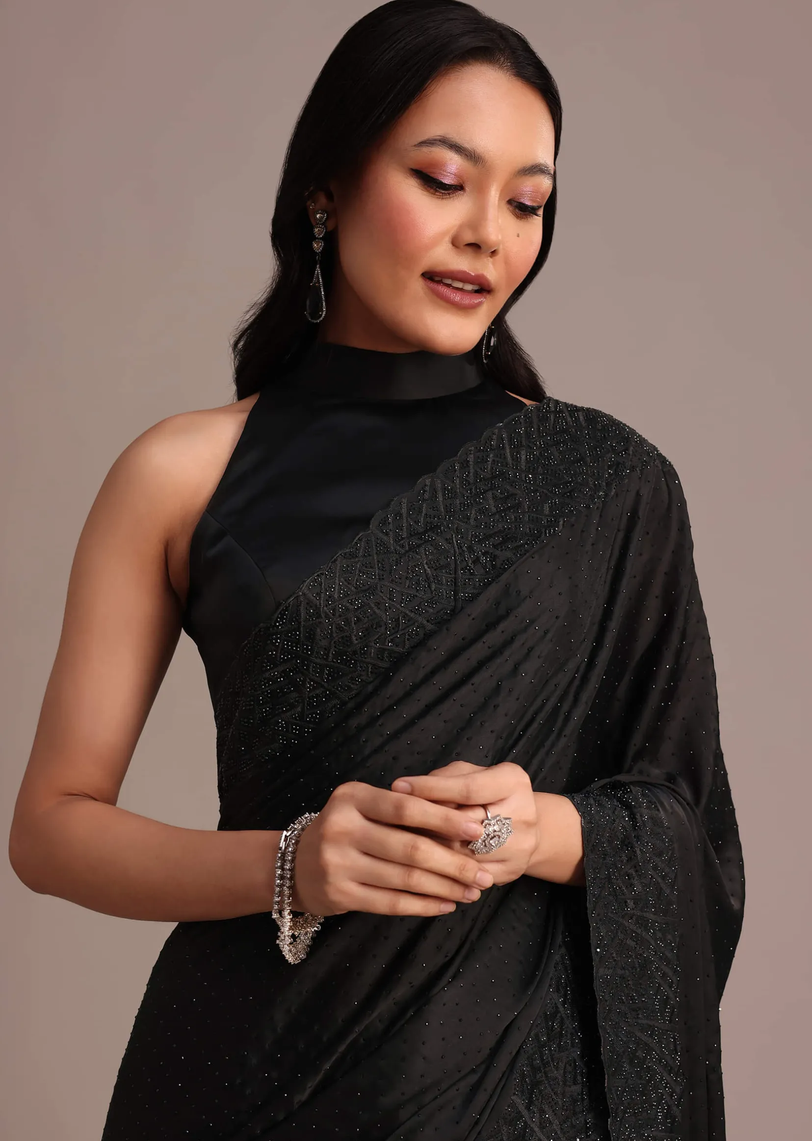 Black Satin Stone And Diamond Embroidered Saree