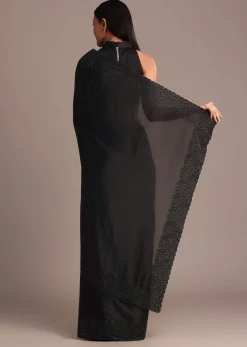 Black Satin Stone And Diamond Embroidered Saree