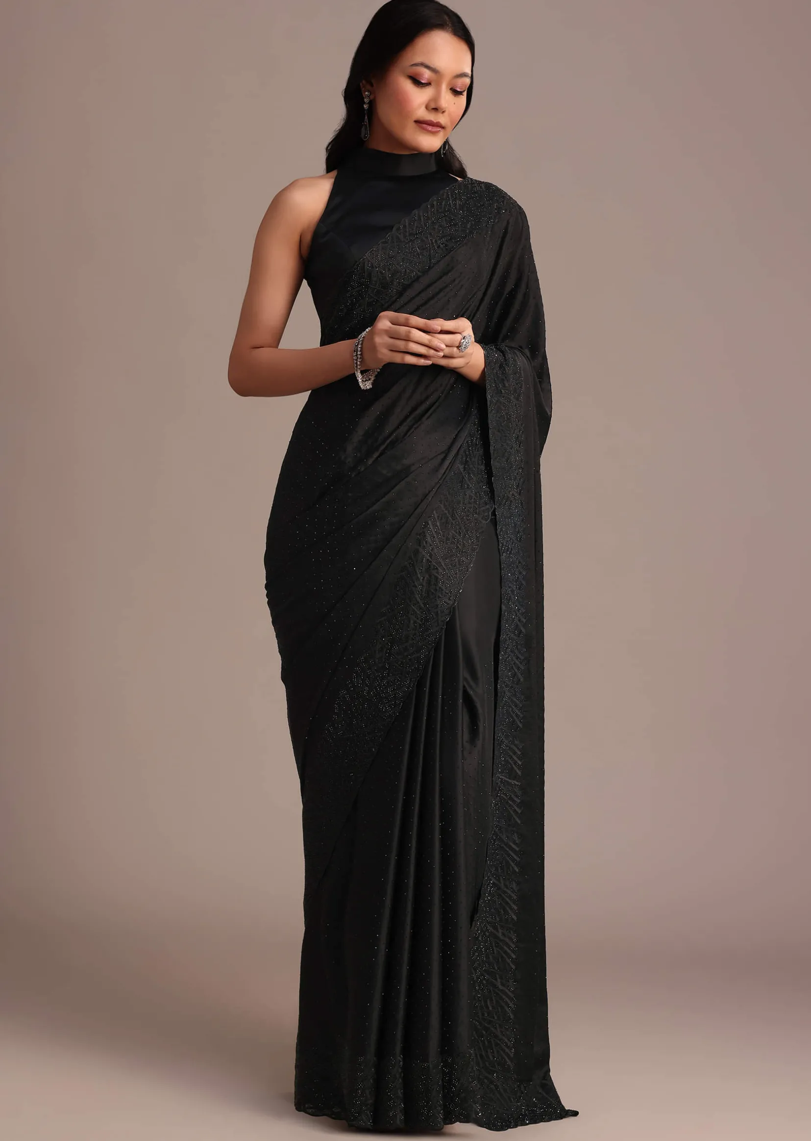 Black Satin Stone And Diamond Embroidered Saree