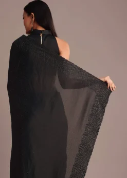 Black Satin Stone And Diamond Embroidered Saree