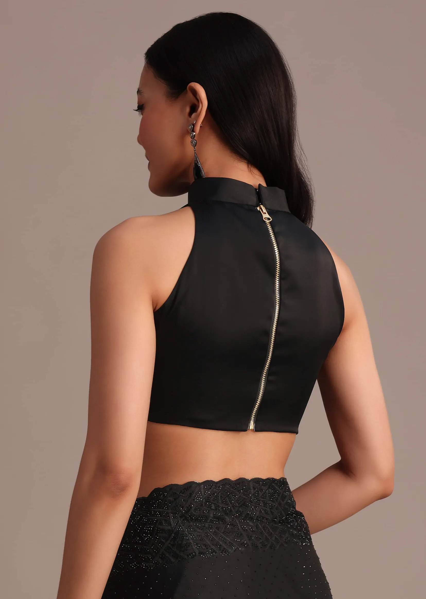 Black Satin Stone And Diamond Embroidered Saree