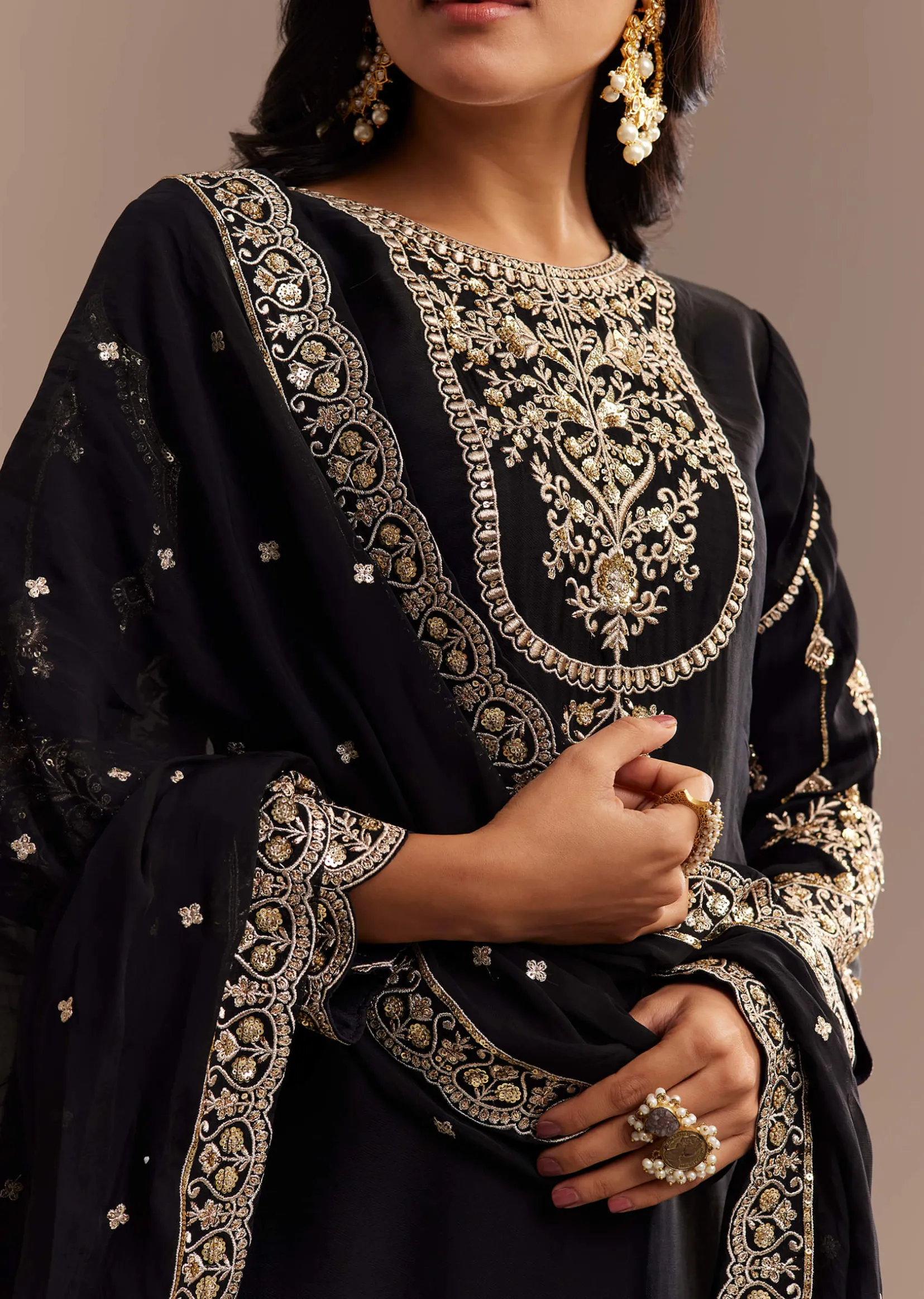 Black Satin Zari Embroidered Dhoti Kurta Set