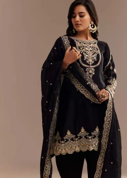 Black Satin Zari Embroidered Dhoti Kurta Set