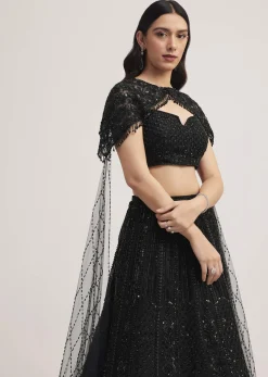 Black Sequin Embellished Lehenga Choli Set With Cape