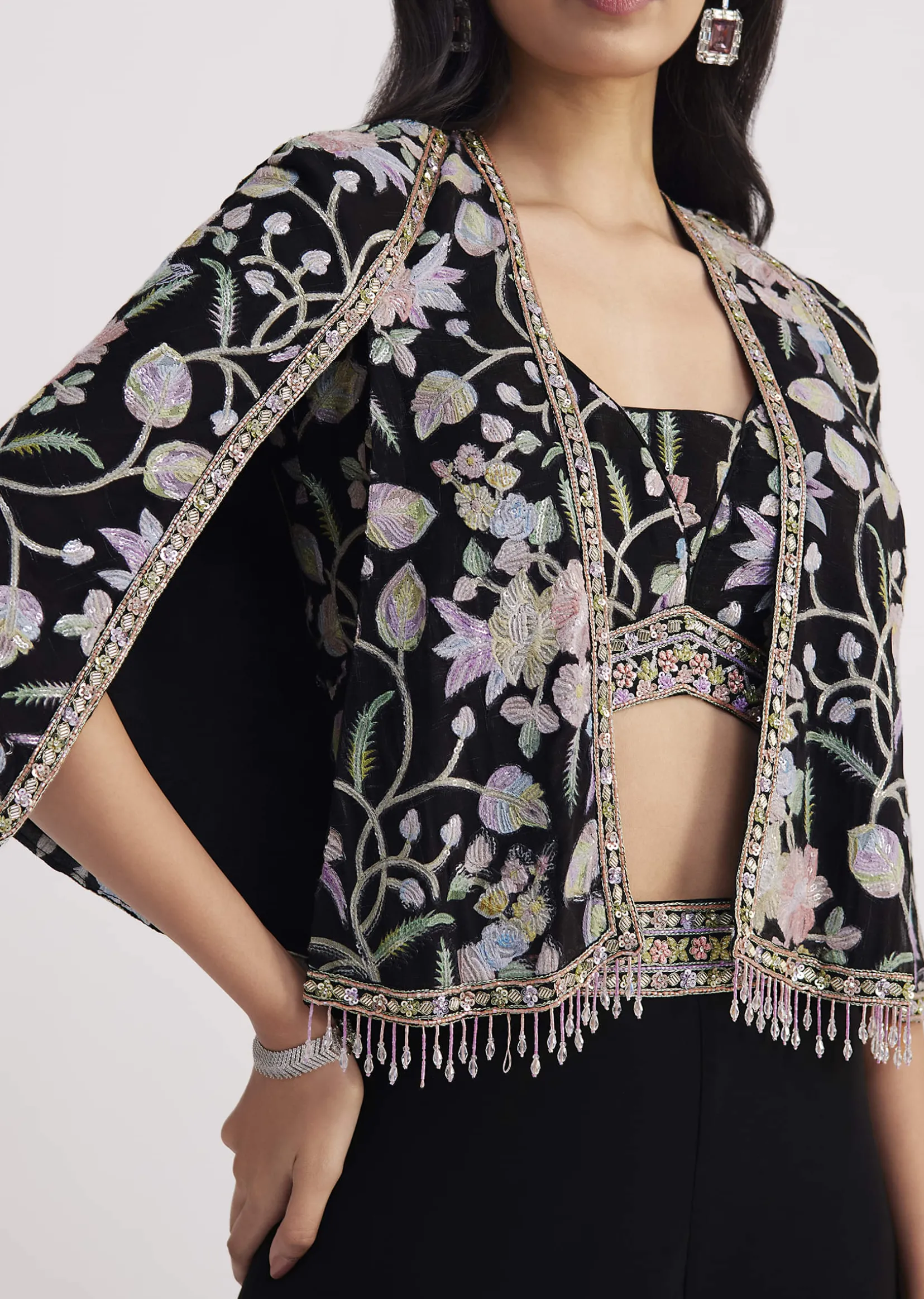 Black Sequin Patch Work Croptop Palazzo With Cape