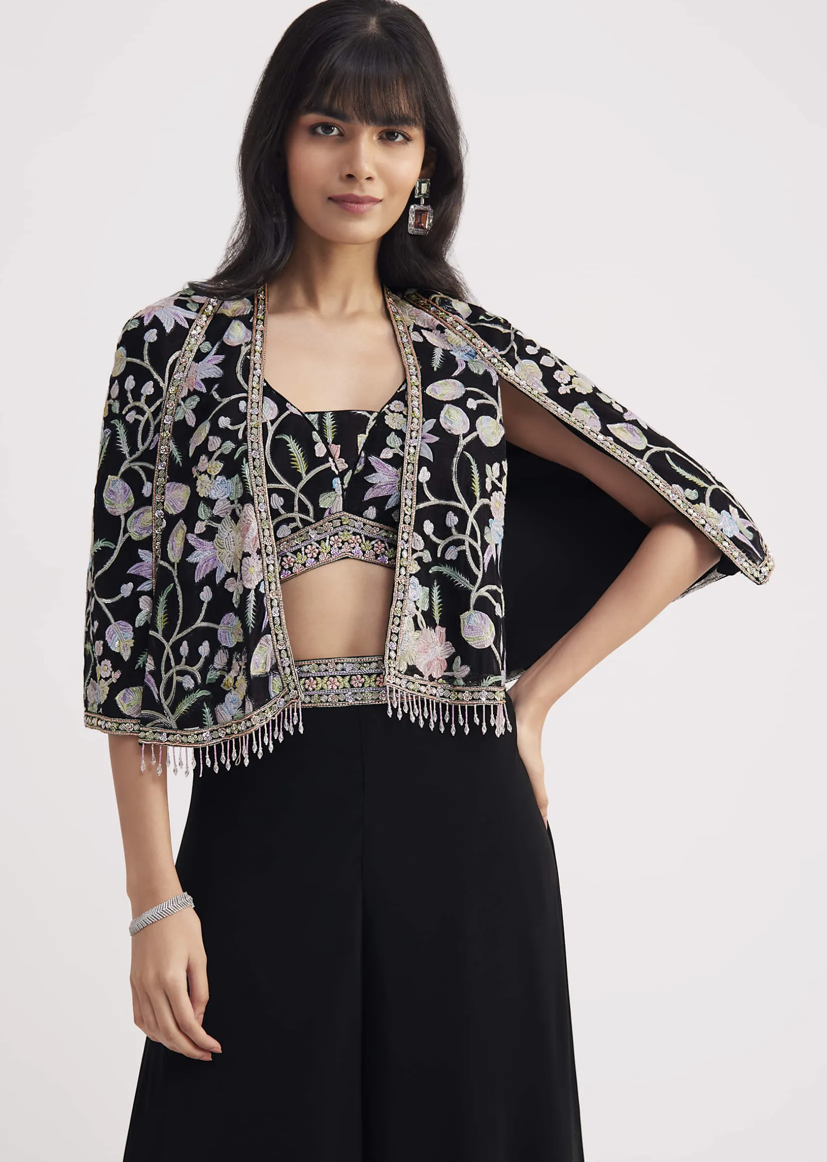 Black Sequin Patch Work Croptop Palazzo With Cape