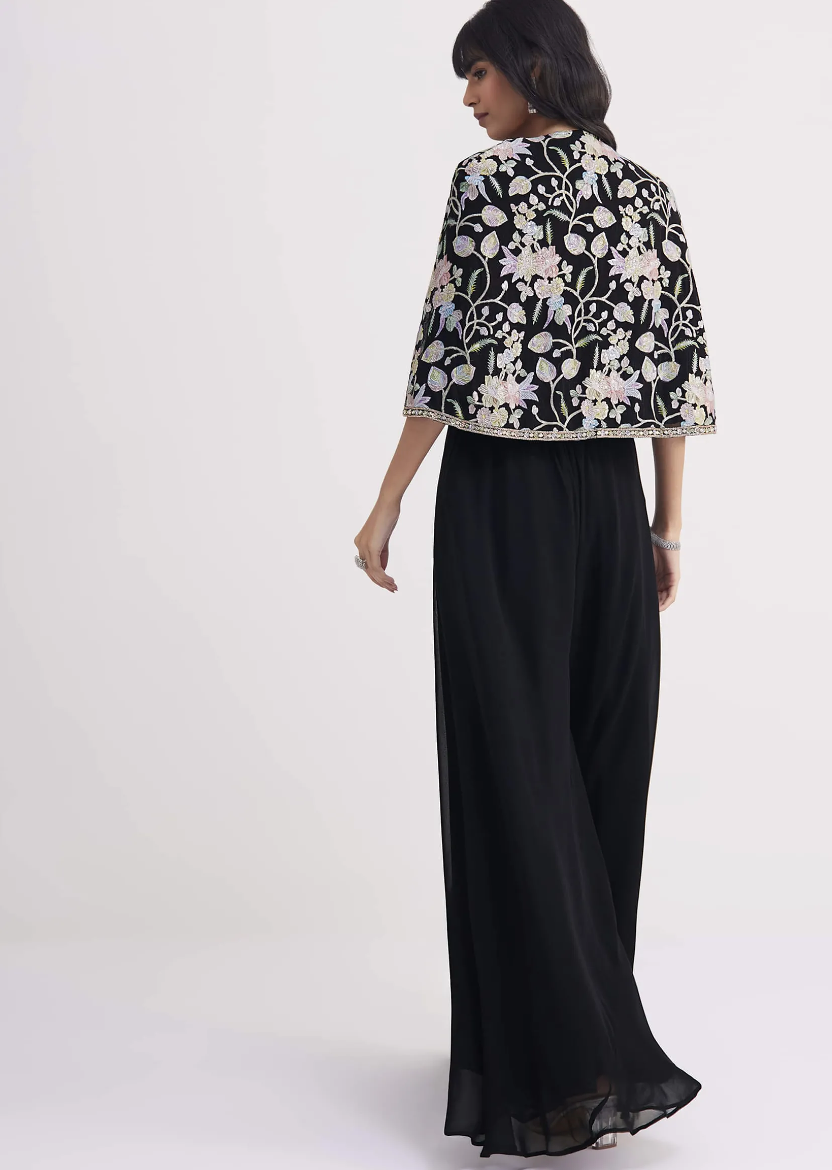 Black Sequin Patch Work Croptop Palazzo With Cape