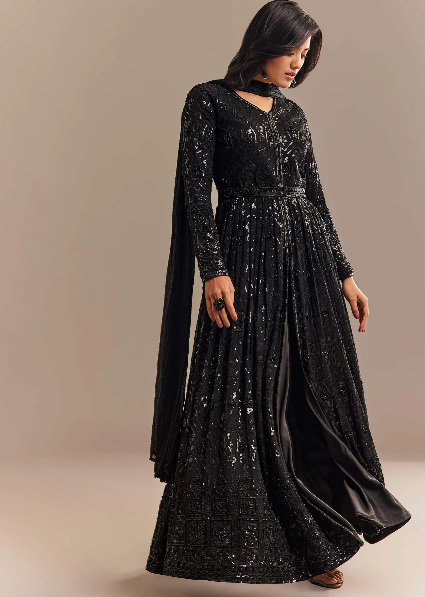 Black Sequined High Slit Anarkali Set