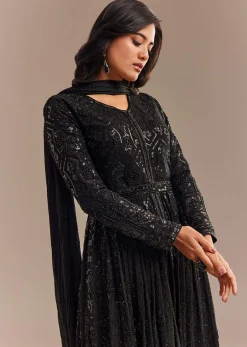 Black Sequined High Slit Anarkali Set