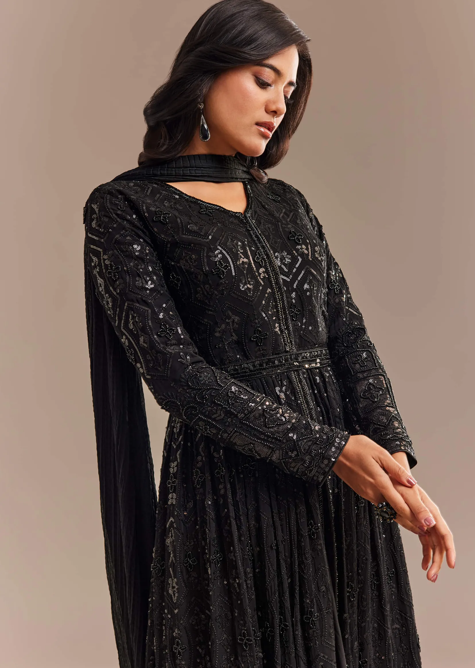 Black Sequined High Slit Anarkali Set