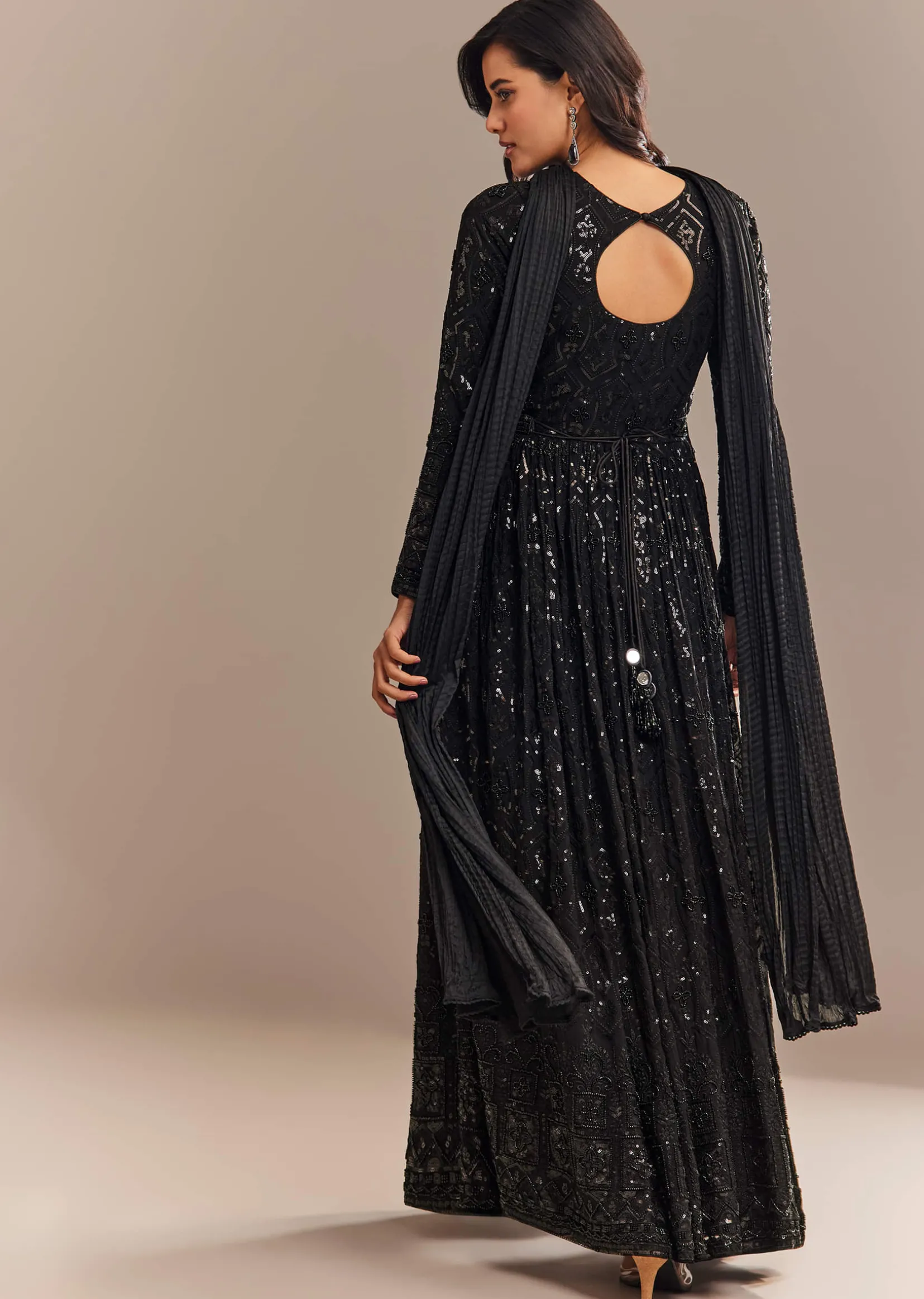 Black Sequined High Slit Anarkali Set