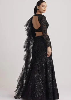Black Sequins Lehenga Set With Ruffled Dupatta
