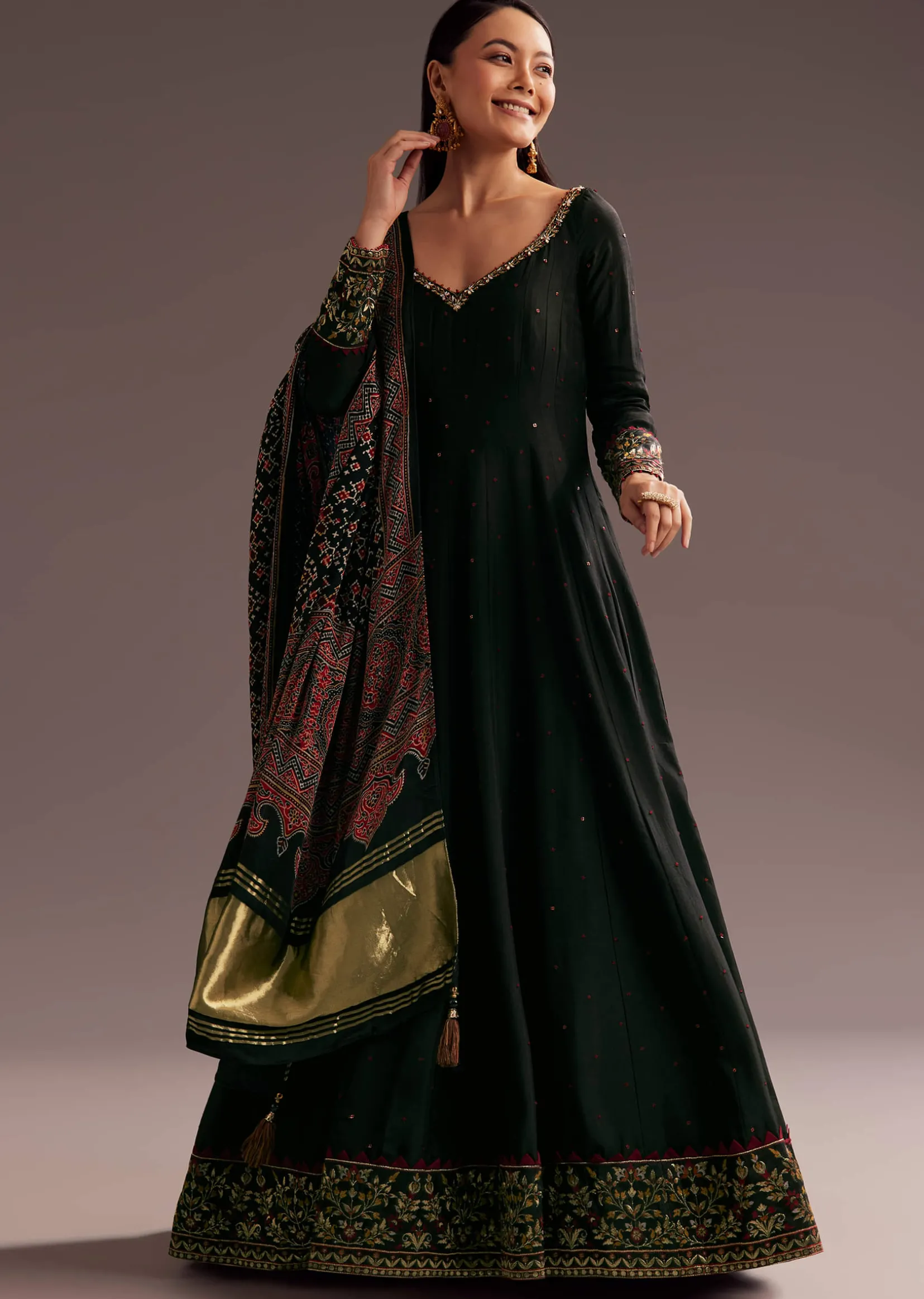 Black Sequins Zardosi Silk Anarkali Dupatta Set