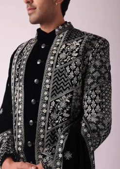 Black Sherwani In Velvet With Thread Embroidery
