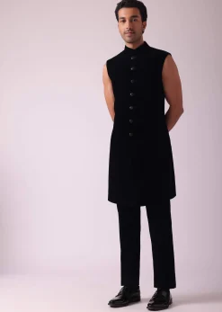 Black Sherwani In Velvet With Thread Embroidery