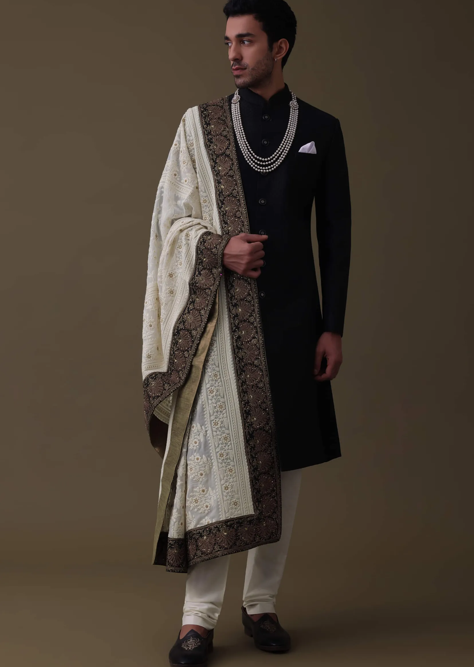 Black Sherwani Set In Silk With Embroidered Dupatta And Mala