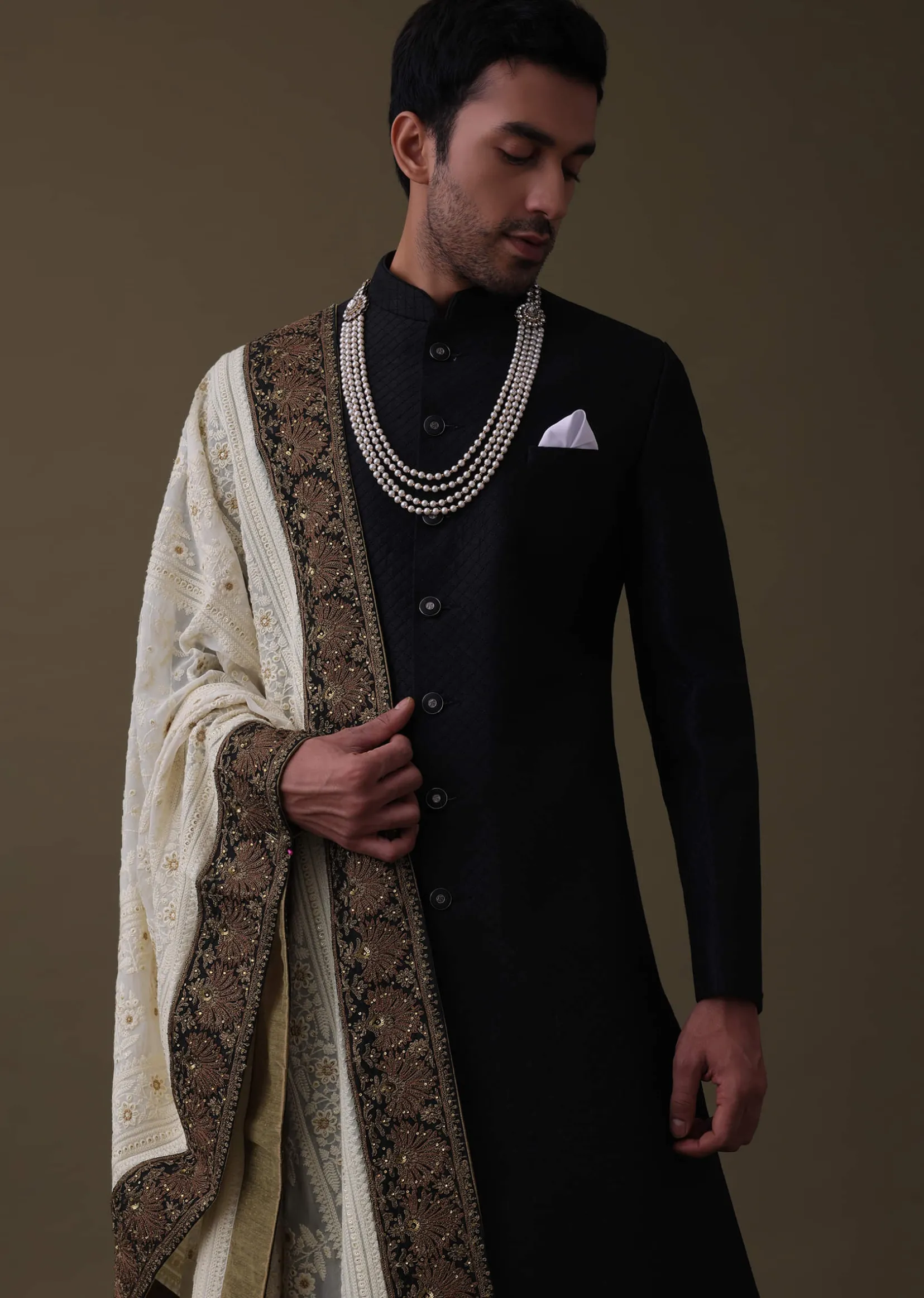 Black Sherwani Set In Silk With Embroidered Dupatta And Mala