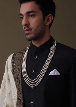 Black Sherwani Set In Silk With Embroidered Dupatta And Mala