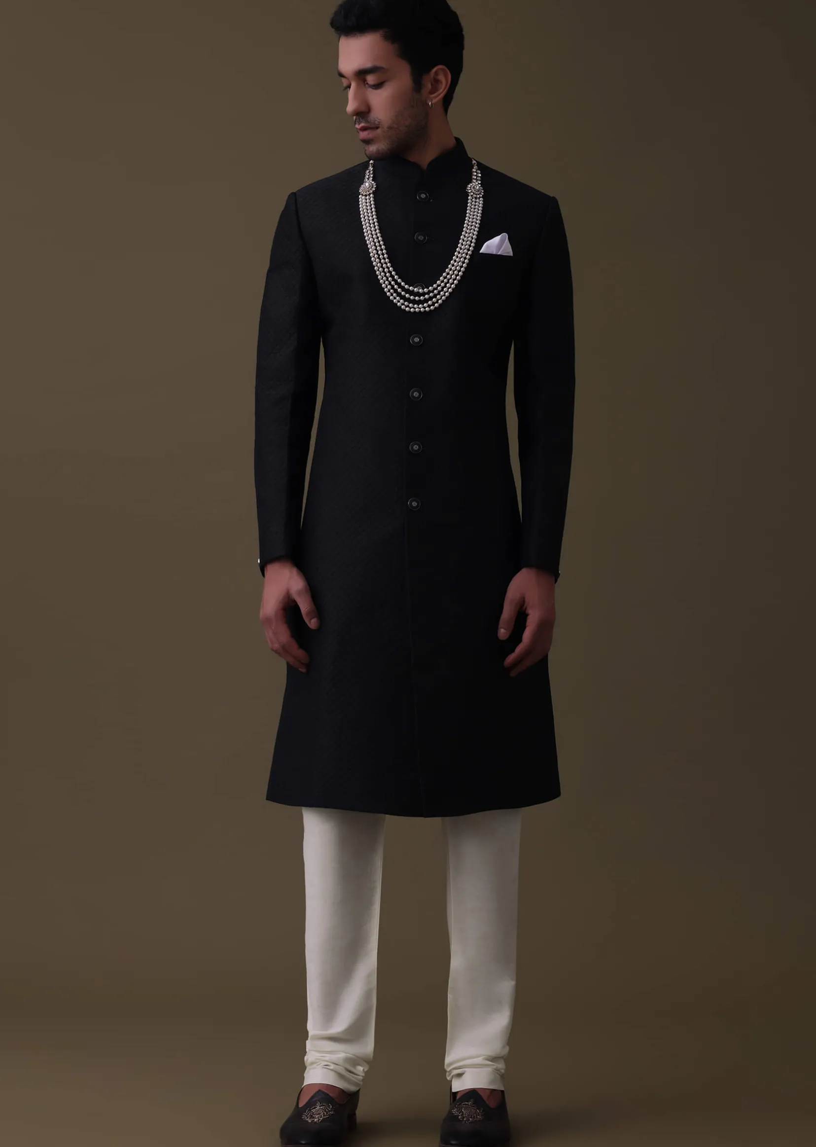 Black Sherwani Set In Silk With Embroidered Dupatta And Mala