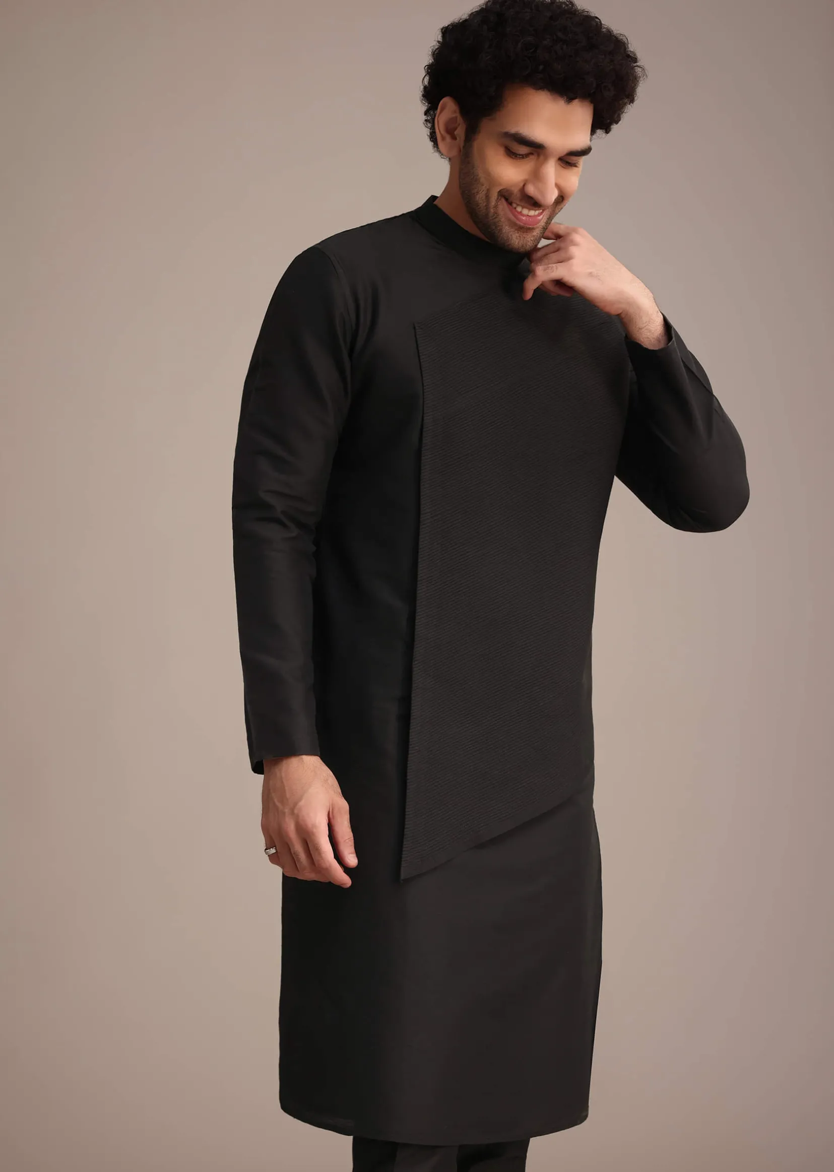 Black Silk Blend Pintuck Kurta Jacket Set