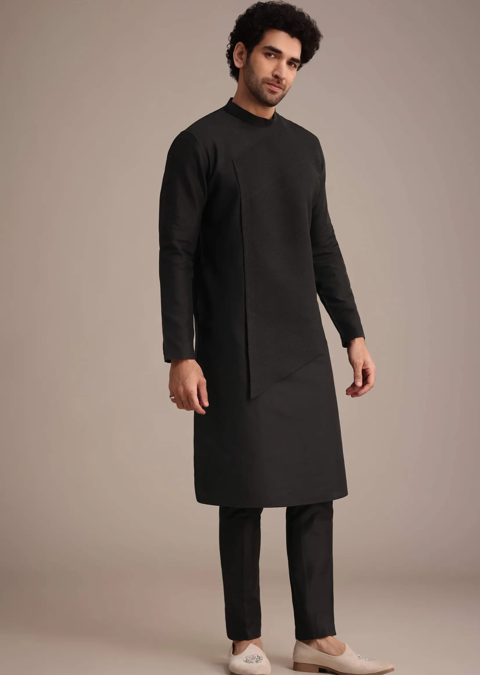 Black Silk Blend Pintuck Kurta Jacket Set