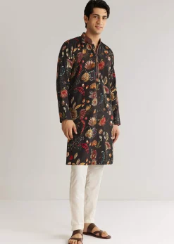 Black Silk Floral Resham Embroidered Kurta Set