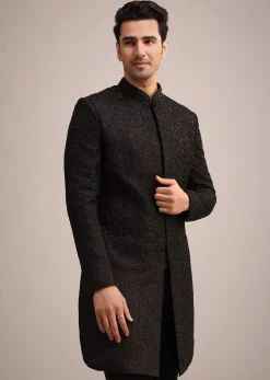 Black Silk Indo Western And Pant Set With Salli Work