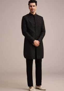 Black Silk Indo Western And Pant Set With Salli Work