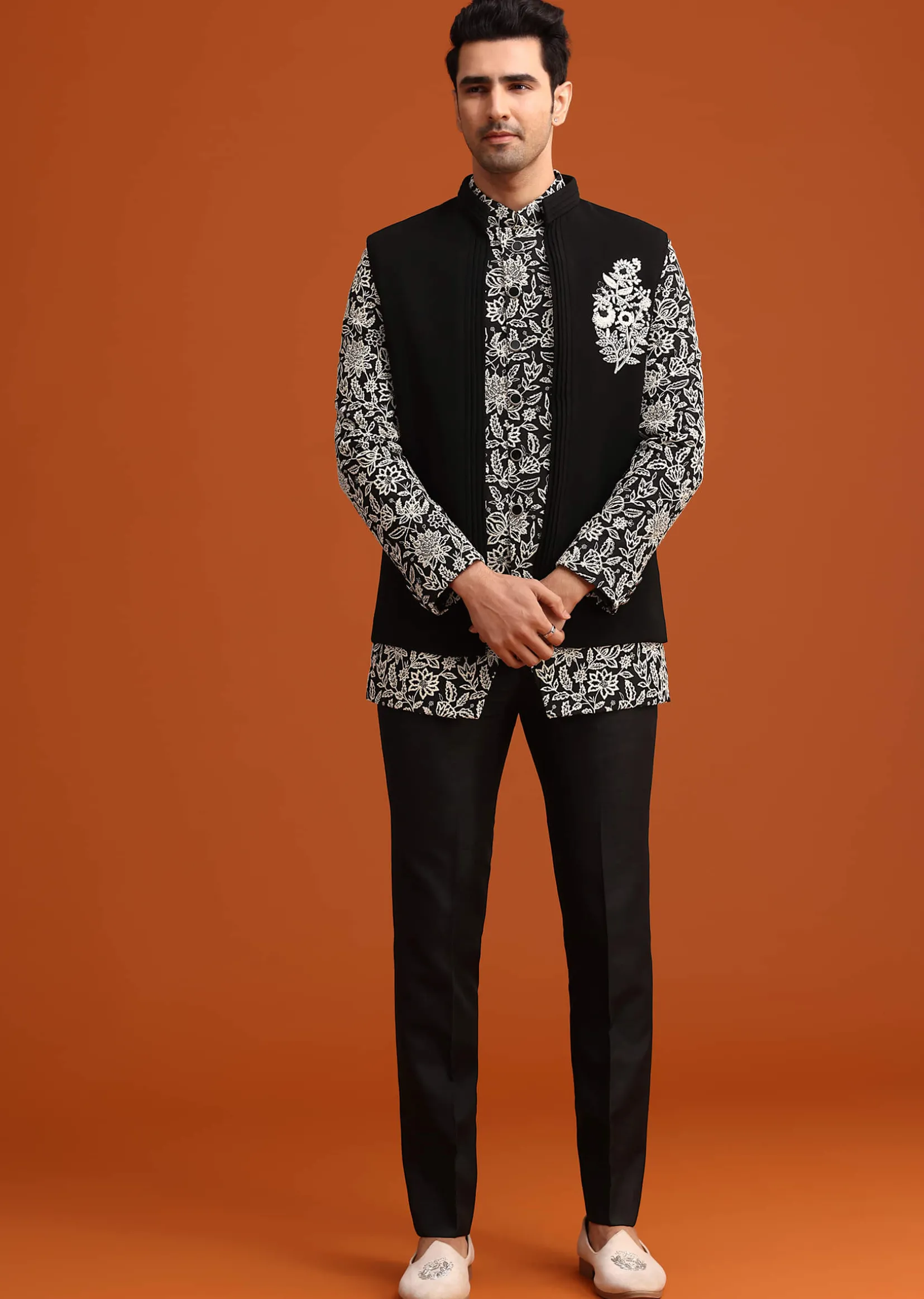 Black Silk Jacket And Kurta Set With Zari Work