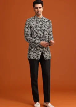 Black Silk Jacket And Kurta Set With Zari Work