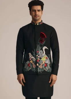 Black Silk Jacket Set With Resham Embroidery