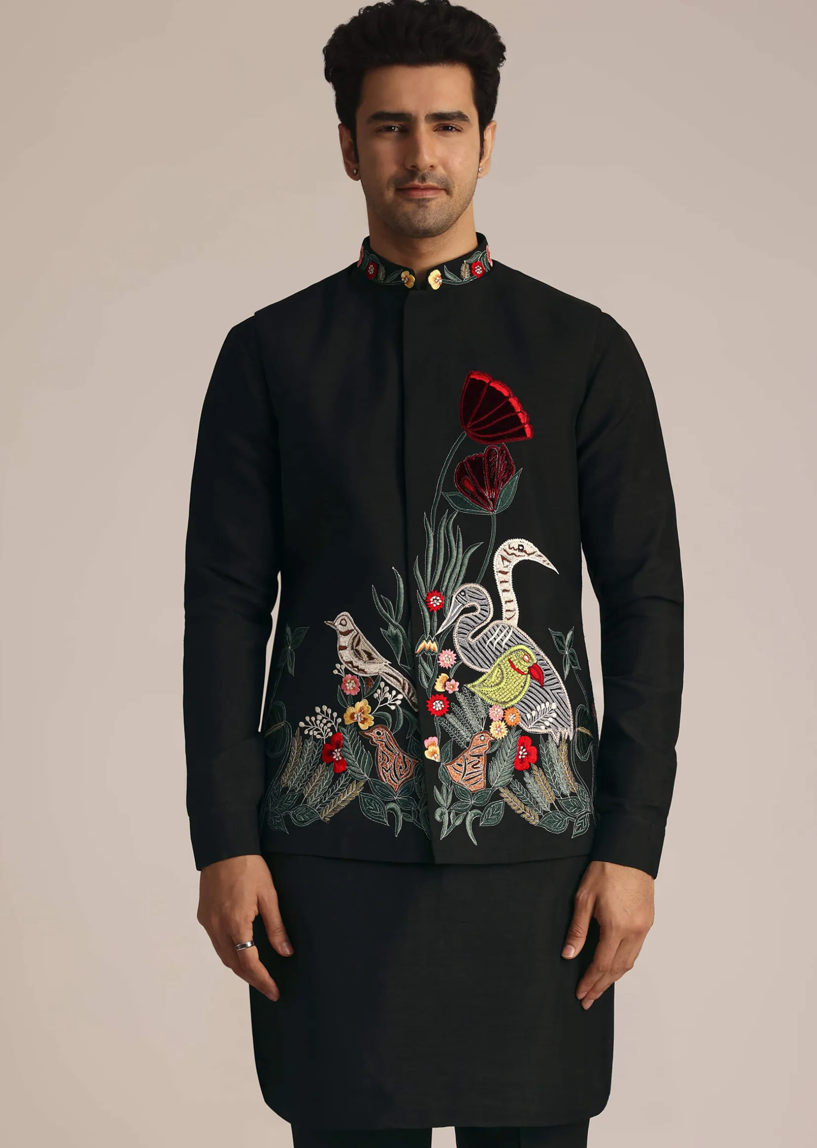 Black Silk Jacket Set With Resham Embroidery