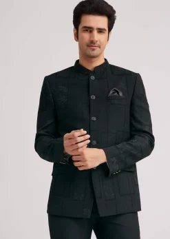 Black Silk Jodhpuri Suit With Floral Motifs And Cut Dana Work