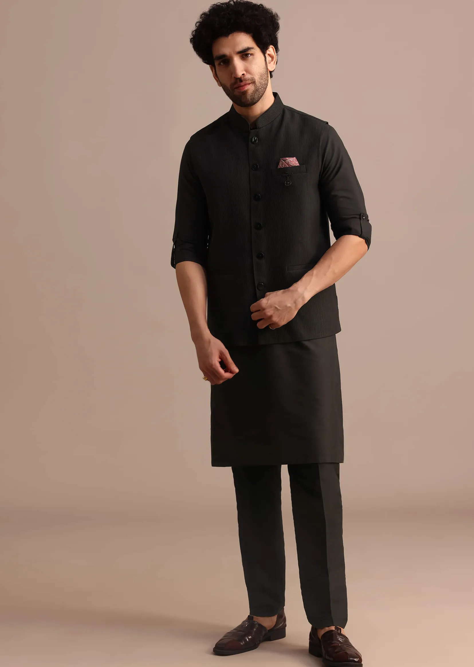 Black Silk Kurta Jacket Set With Pintuck Pattern For Men