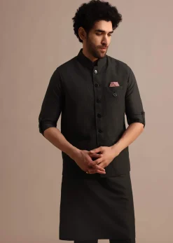 Black Silk Kurta Jacket Set With Pintuck Pattern For Men
