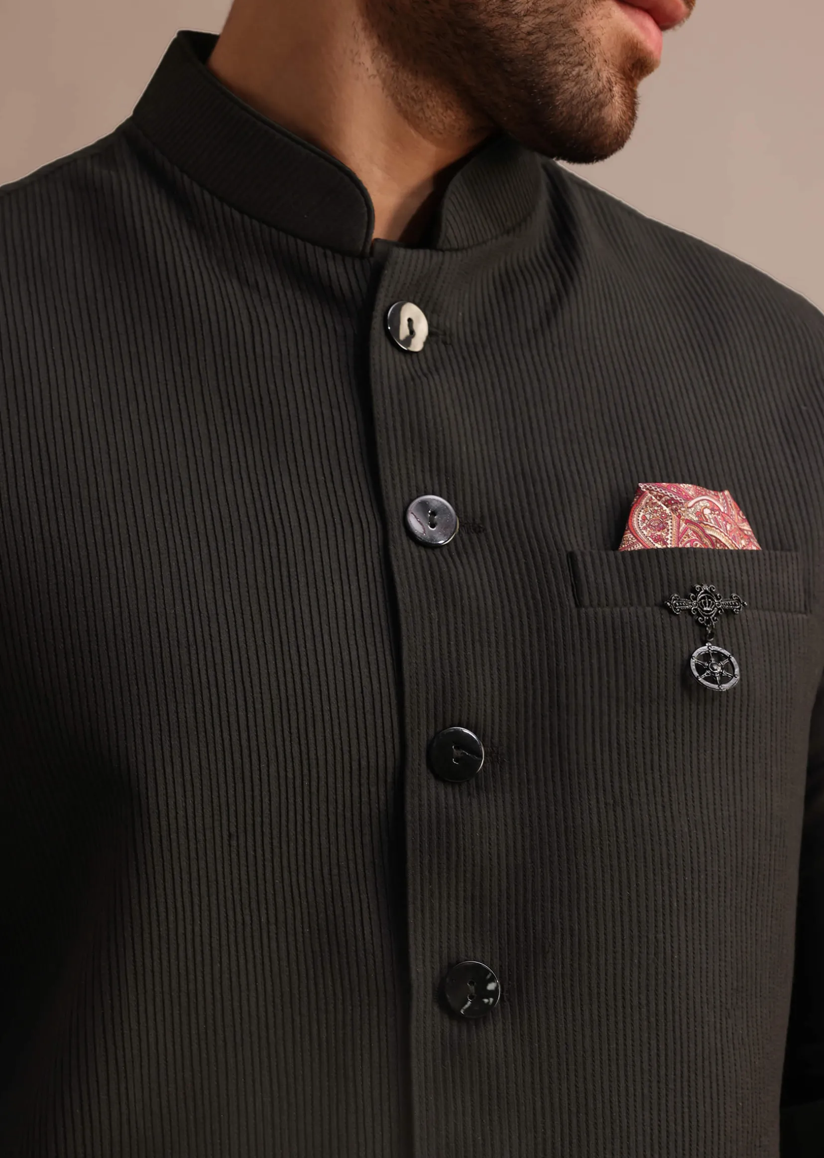 Black Silk Kurta Jacket Set With Pintuck Pattern For Men