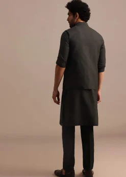 Black Silk Kurta Jacket Set With Pintuck Pattern For Men