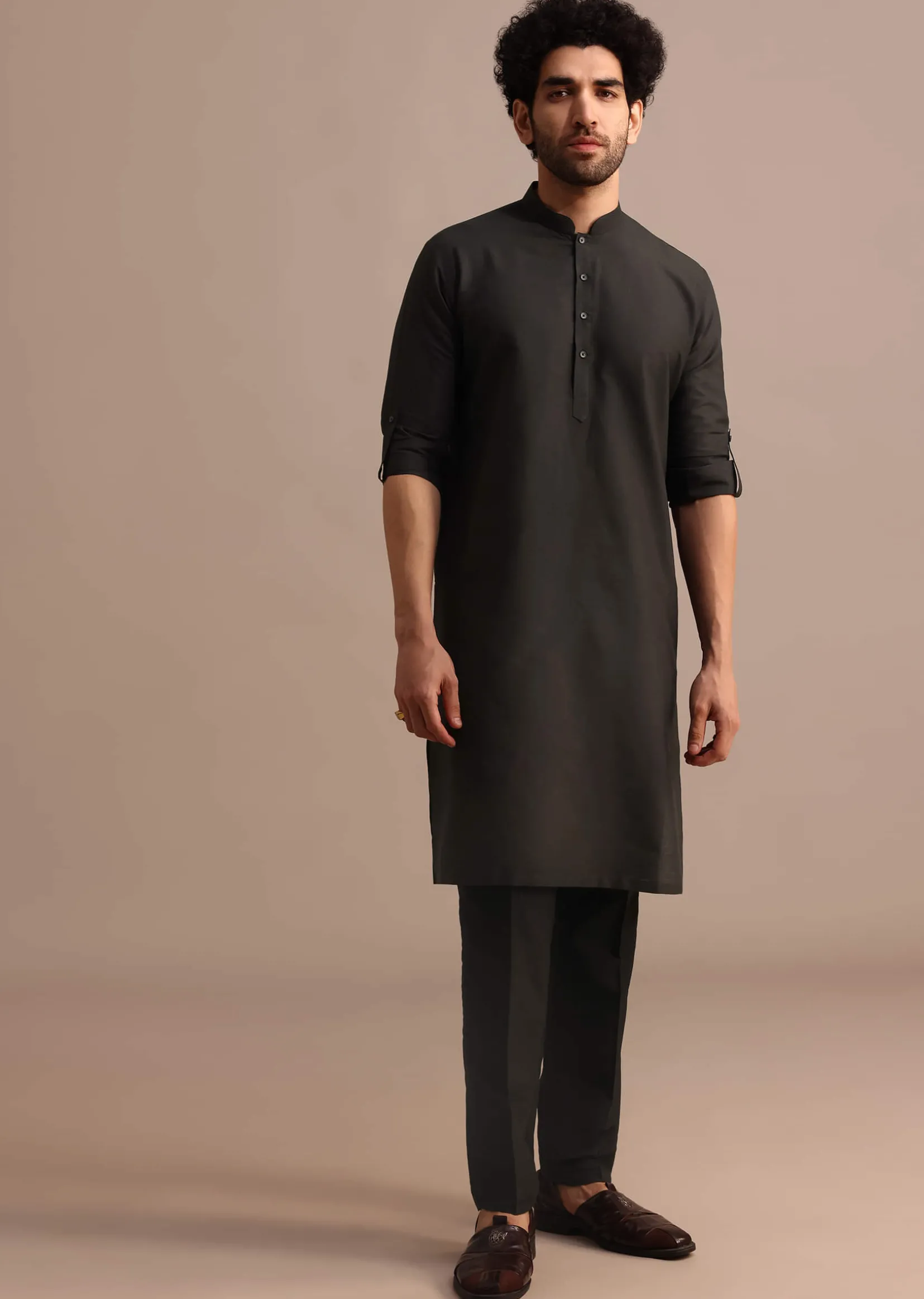 Black Silk Kurta Jacket Set With Pintuck Pattern For Men