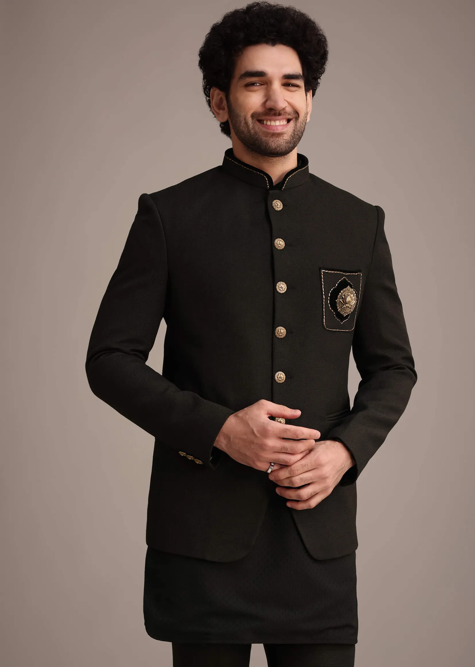 Black Silk Kurta Jacket Set With Patch Work Broach