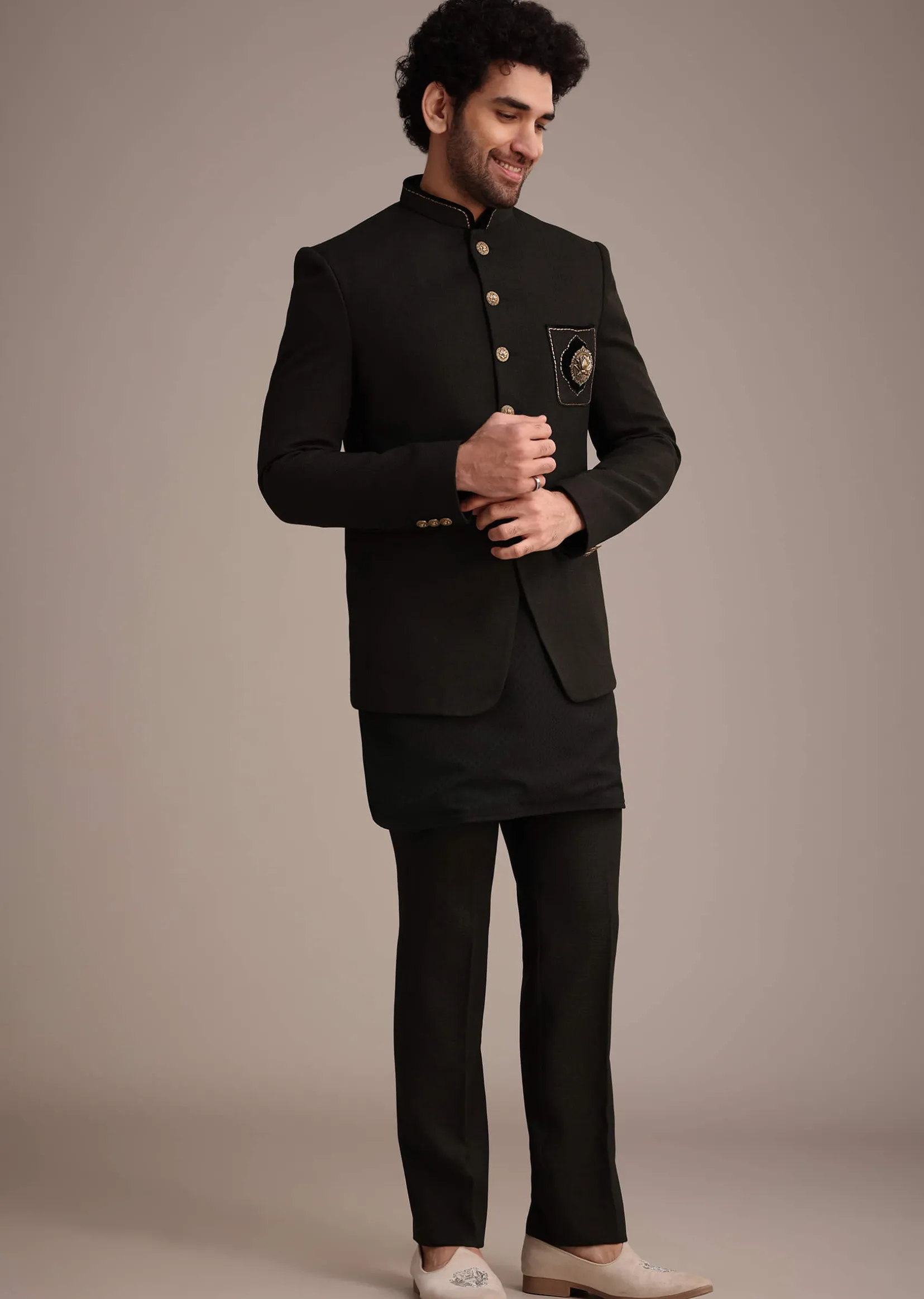 Black Silk Kurta Jacket Set With Patch Work Broach