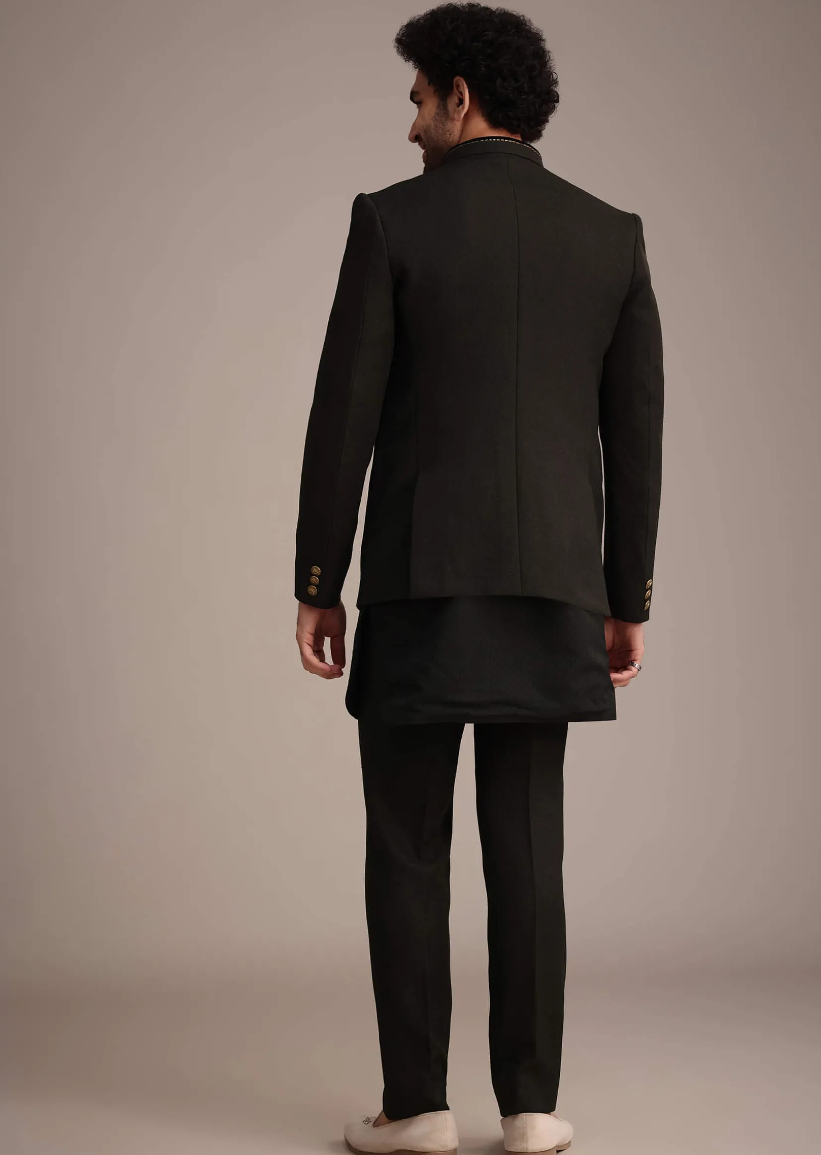 Black Silk Kurta Jacket Set With Patch Work Broach
