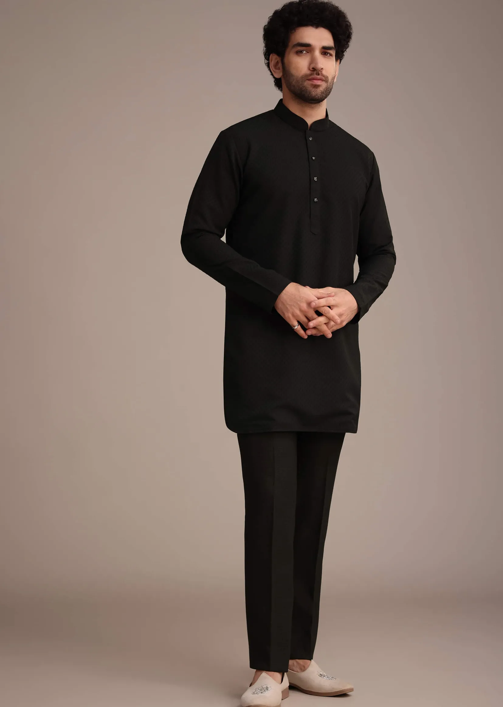 Black Silk Kurta Jacket Set With Patch Work Broach