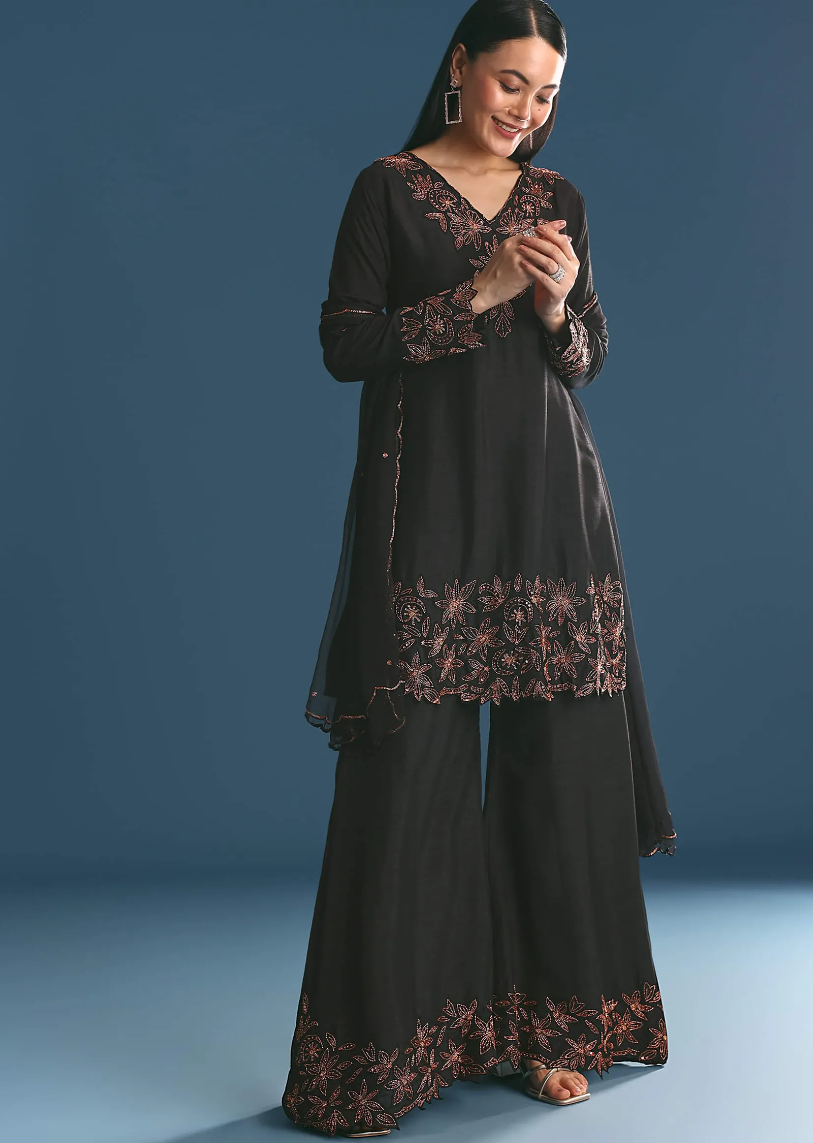 Black Silk Kurta Palazzo Set With Cut Dana Work