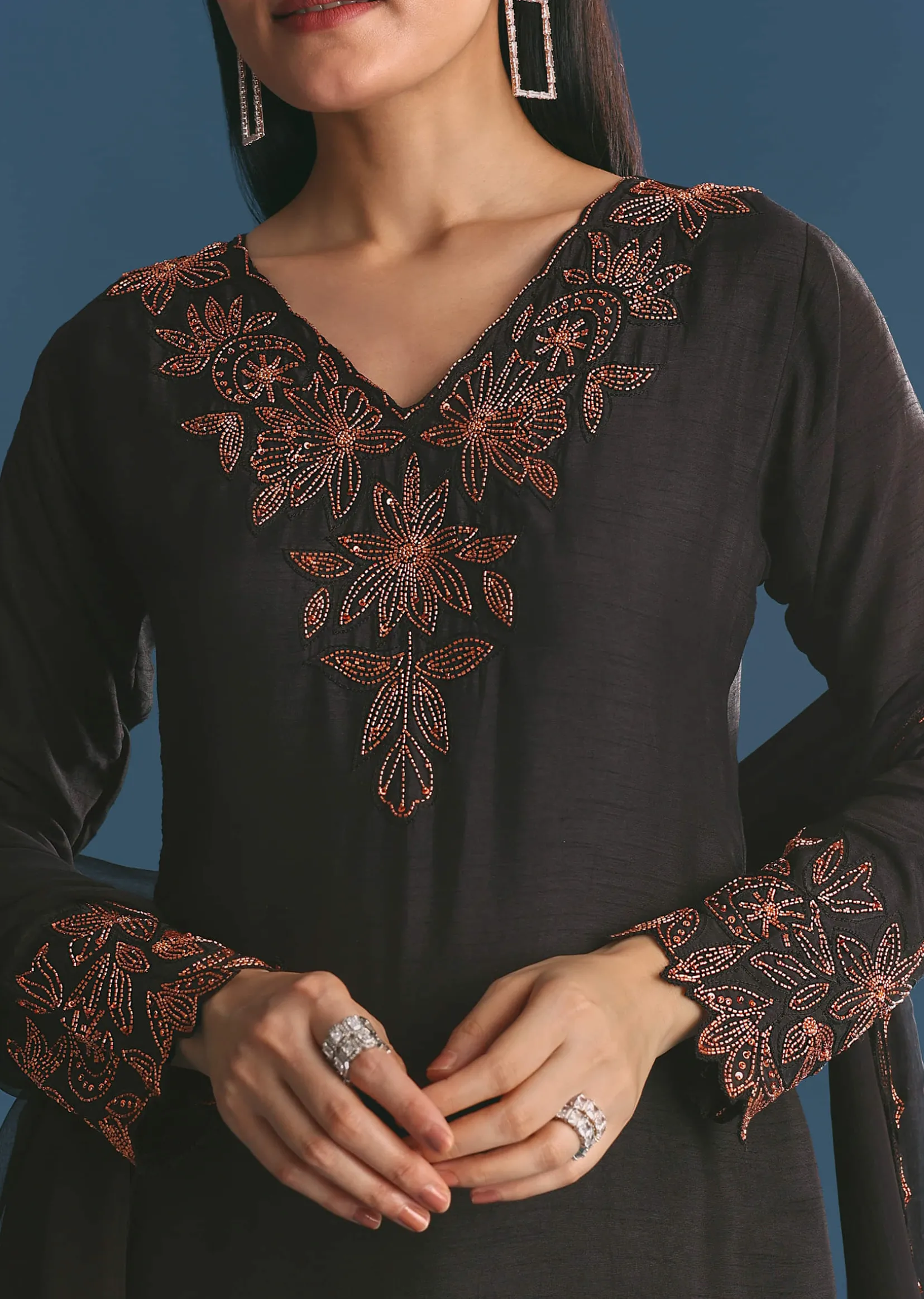 Black Silk Kurta Palazzo Set With Cut Dana Work