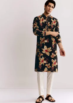 Black Silk Kurta Set With Floral Print