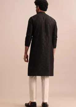 Black Silk Kurta Set With Resham Work For Men